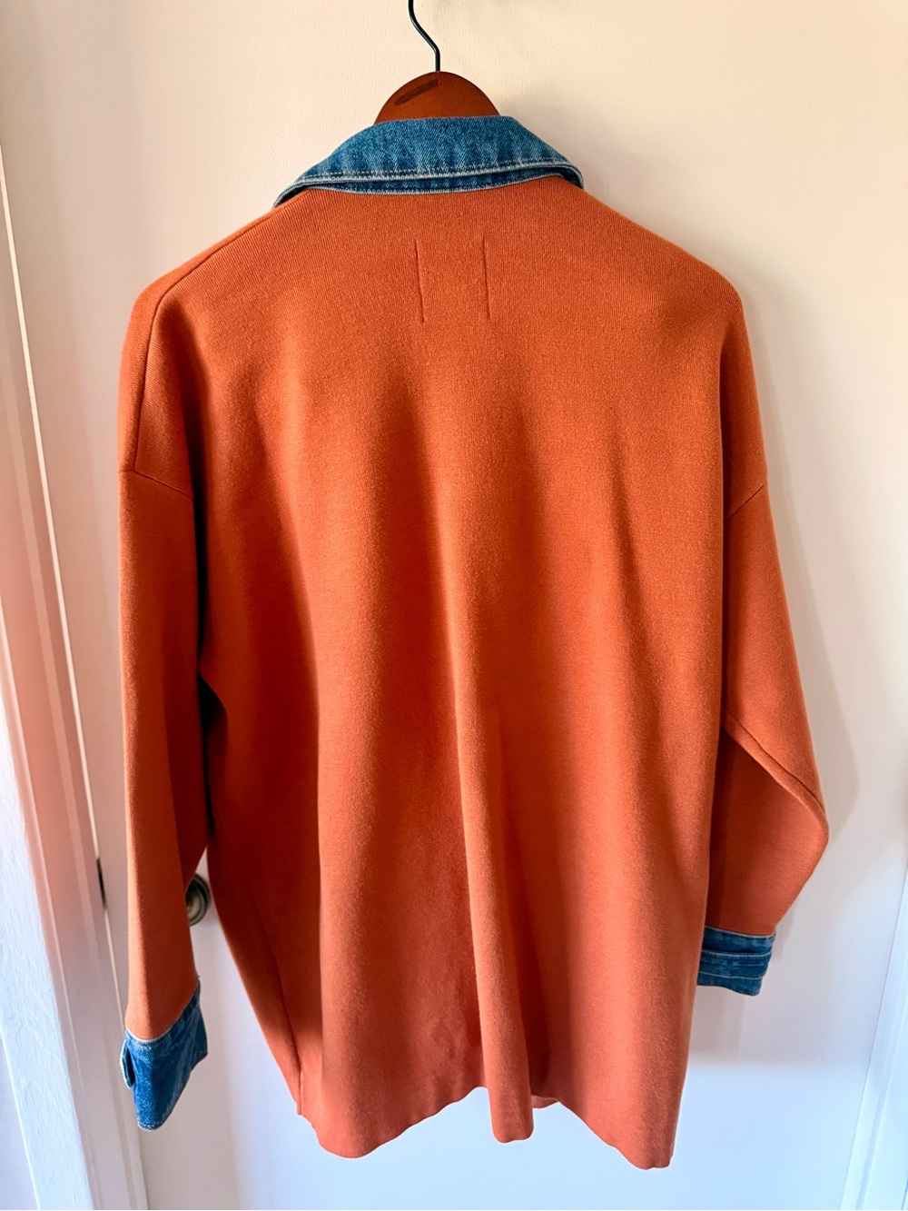 Sandro Paris | Rust Knit Jacket with Denim Trim & Gold Buttons Size L / 2 Paris - Picture 2 of 4